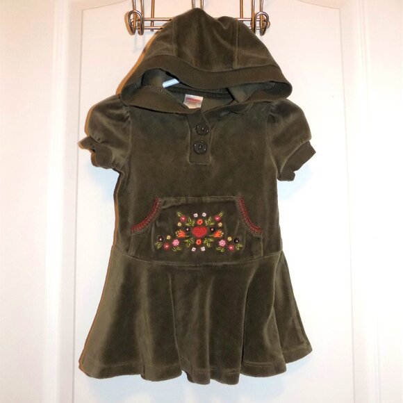 GYMBOREE Harvest Leaves Green Velour Hoodie Dress 6-12M Fall Autumn Thanksgiving - Picture 1 of 3